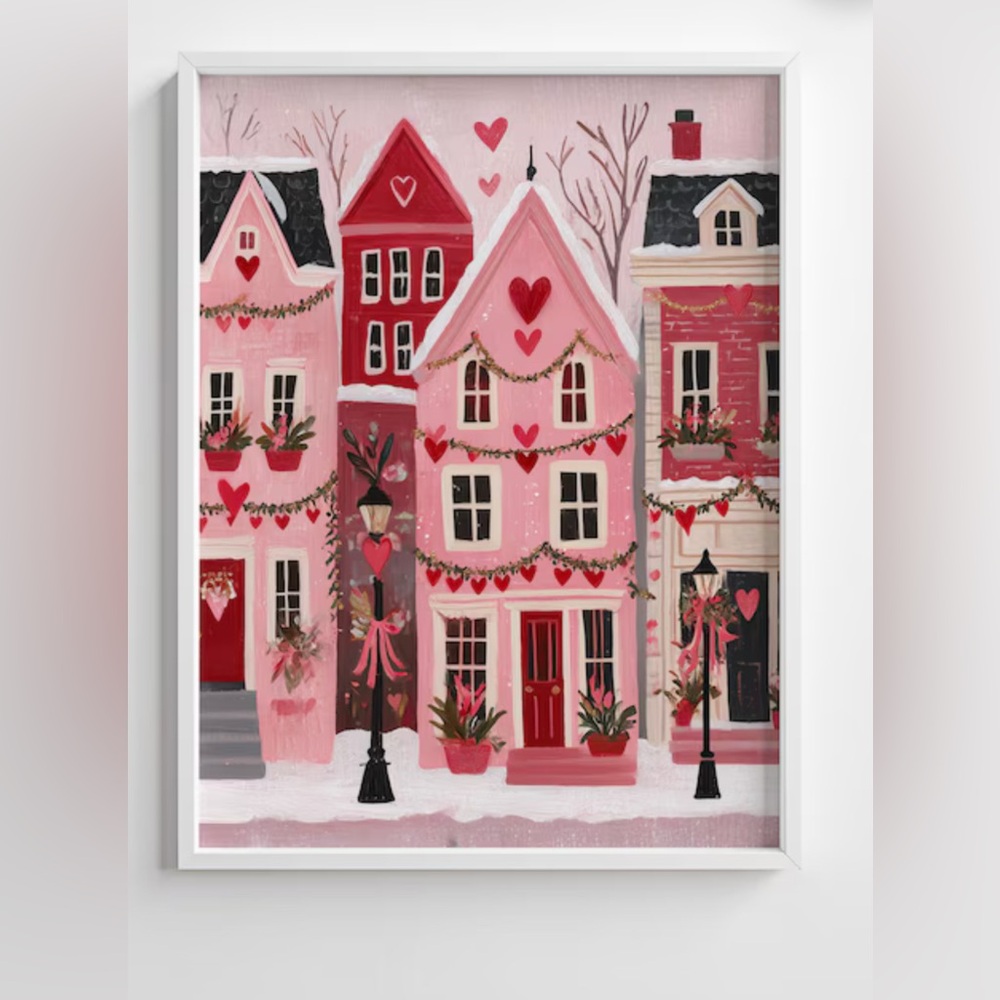 Cozy Valentine's Day Folk Art Village, Victorian Street Scene Print, Framed 8x10